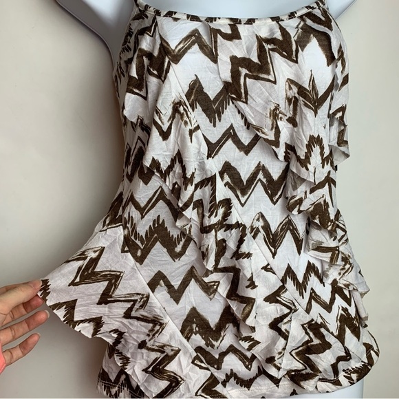 AB Studio White Brown Chevron Spaghetti Straps Fringe Blouse - Picture 16 of 16